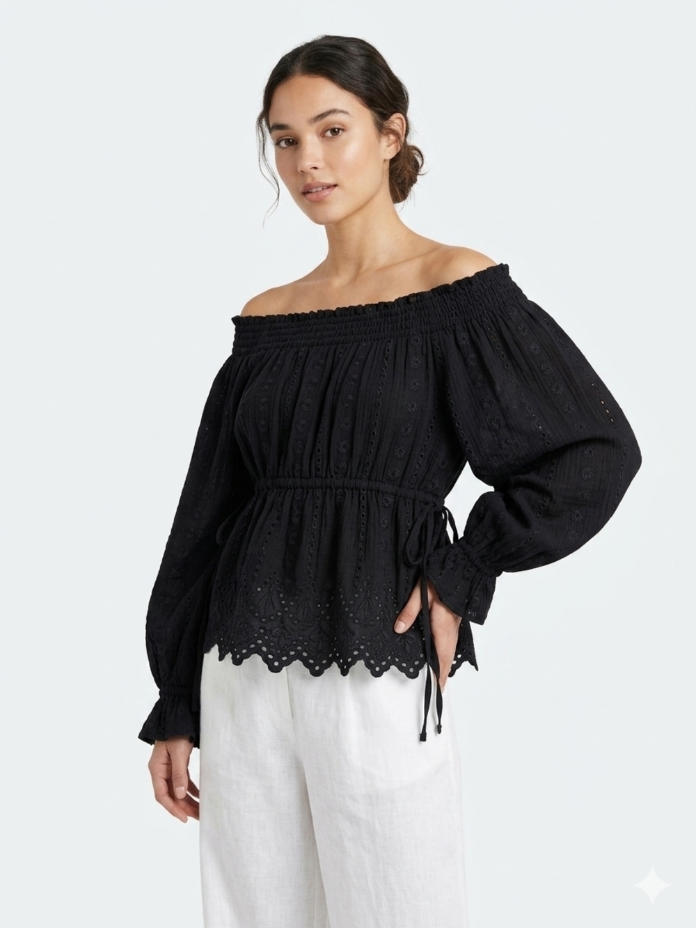 Anthropologie Nequittez Pas Black Off-Shoulder Eyelet Smocked Blouse